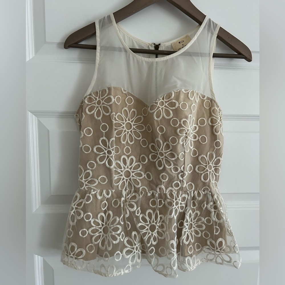 Anthropologie Pins and Needles Peplum Top Cream Tan Size S